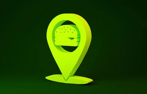 Yellow Map pointer with fast food burger icon isolated on green background. M Stock Illustration