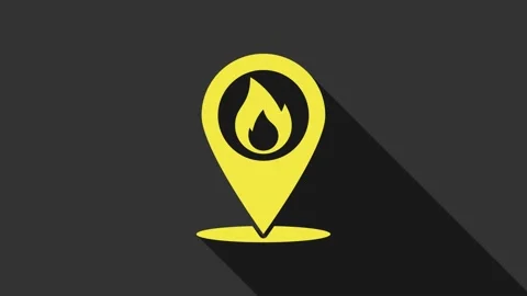 Yellow Map pointer with fire flame icon isolated on grey background. Fire nearby Stock Footage 147695583