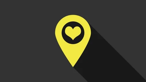 Yellow Map pointer with heart icon isolated on grey background. 4K Video motion Stock Footage 147695923