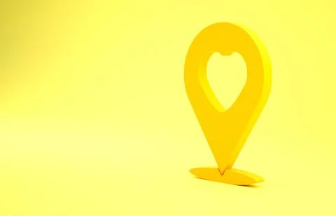 Yellow Map pointer with heart icon isolated on yellow background. Valentines  Stock Illustration