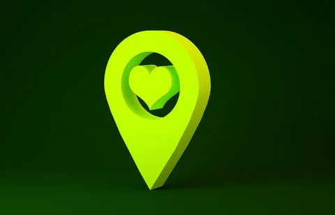 Yellow Map pointer with heart icon isolated on green background. Minimalism c Stock Illustration