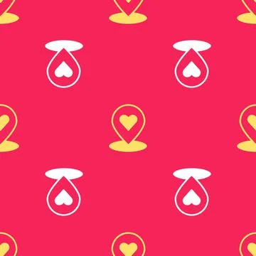Yellow Map pointer with heart icon isolated seamless pattern on red background Stock Illustration