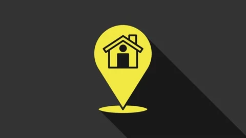 Yellow Map pointer with house icon isolated on grey background. Home location Stock Footage 147708649
