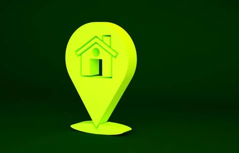 Yellow Map pointer with house icon isolated on green background. Home locatio Stock Illustration