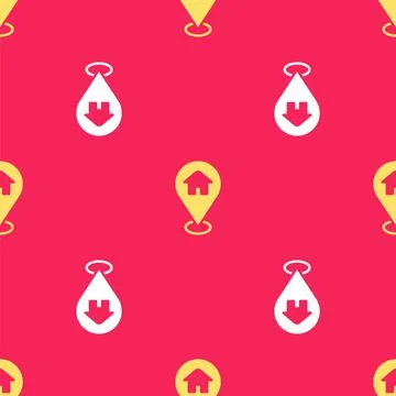 Yellow Map pointer with house icon isolated seamless pattern on red background Illustrazione stock