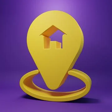 Yellow Map pointer with house icon isolated on purple background. Home loca.. Stock Photos
