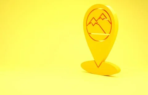 Yellow Map pointer with mountain icon isolated on yellow background. Mountain 스톡 일러스트