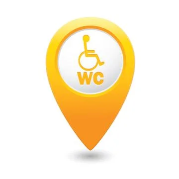 Yellow map pointer with restroom icon. Illustrazione stock