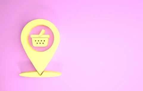 Yellow Map pointer with shopping basket icon isolated on pink background. Pin Stock Illustration