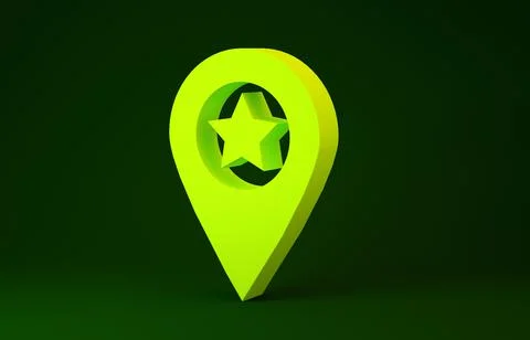 Yellow Map pointer with star icon isolated on green background. Star favorite Illustrazione stock