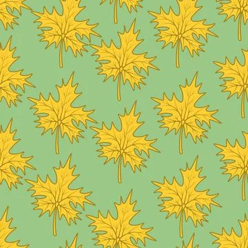 Yellow maple leaf. Seamless vector pattern. Isolated green background. Illustrazione stock
