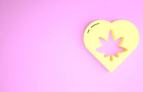 Yellow Marijuana leaf in heart shape icon isolated on pink background. Hemp s Illustrazione stock