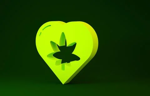 Yellow Marijuana leaf in heart shape icon isolated on green background. Hemp  Illustrazione stock