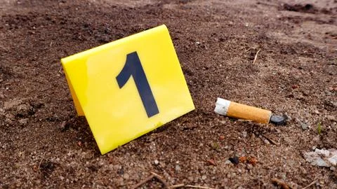Yellow marker identifying cigarette butt as crime evidence Stock Photos