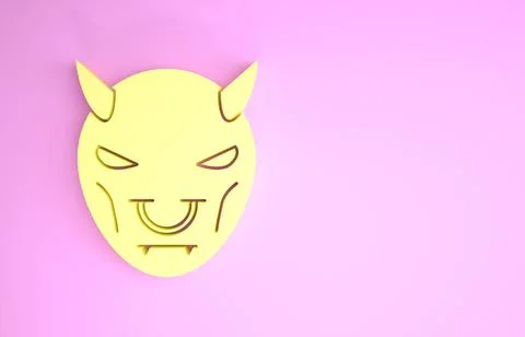 Yellow Mask of the devil with horns icon isolated on pink background. Minimal 스톡 일러스트