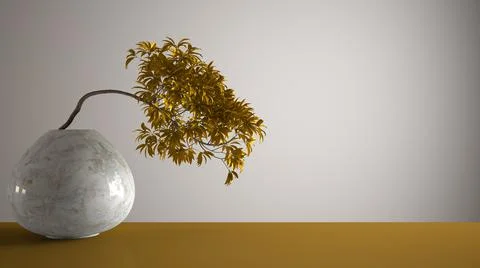 Yellow mat table shelf with round marble vase and potted bonsai, golden leave Stock Illustration