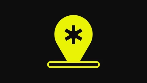 Yellow Medical map pointer with cross hospital icon isolated on black background Video stock 233063611