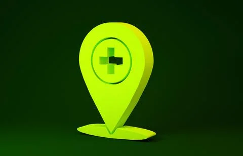 Yellow Medical map pointer with cross hospital icon isolated on green backgro Stock Illustration