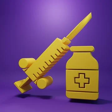 Yellow Medical syringe with needle and vial or ampoule icon isolated on pur.. Stock Illustration
