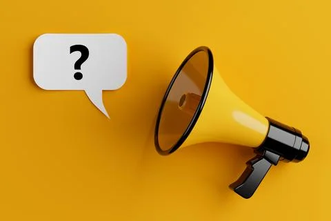 Yellow Megaphone with Question Mark on a Speech Clouds Chat Bubble. 3d Rend.. Stock Illustration