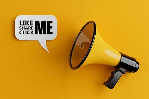 Yellow Megaphone with Like, Share, Click Me Sign on a Speech Clouds Chat Bu.. Stock Illustration