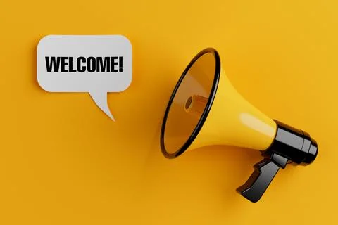Yellow Megaphone with Welcome Speech Clouds Chat Bubble. 3d Rendering 스톡 일러스트