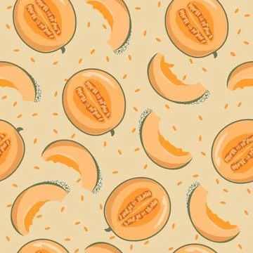 Yellow melon cut in half and slices with seeds on the background Stock Illustration