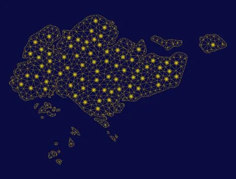 Yellow Mesh 2D Singapore Map with Flash Spots Stock Illustration