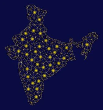 Yellow Mesh Carcass India Map with Flare Spots Stock Illustration