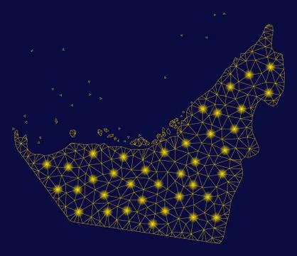 Yellow Mesh Network Arab Emirates Map with Light Spots Stock Illustration
