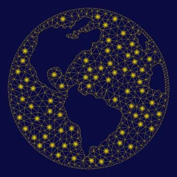 Yellow Mesh Network Earth Globe with Flare Spots Illustrazione stock
