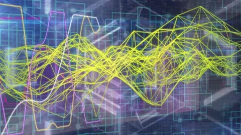 Yellow mesh waveform reacting to left plots, tightening and jittering, mapping Stock Footage 335480820