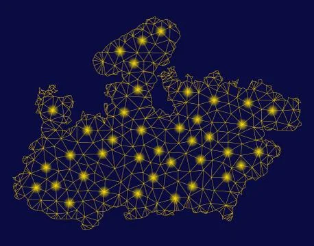 Yellow Mesh Wire Frame Madhya Pradesh State Map with Flare Spots Stock Illustration