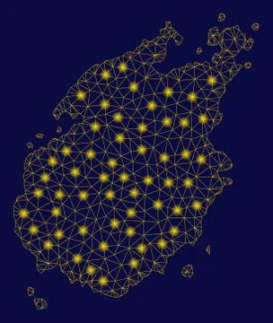 Yellow Mesh Wire Frame Paros Island Map with Light Spots Stock Illustration