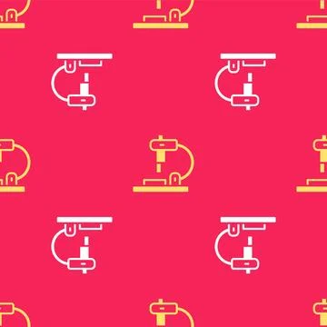 Yellow Microscope icon isolated seamless pattern on red background. Chemistry Stock Illustration
