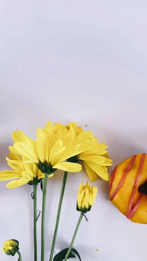 Yellow mini donuts and yellow flowers Stock Footage 303928396