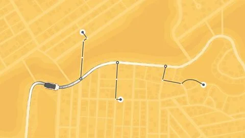 Yellow minimalist city map displaying vehicle driving along a delivery route Stock Illustration