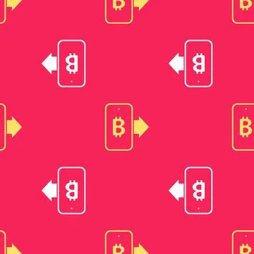 Yellow Mining bitcoin from mobile icon isolated seamless pattern on red Stock Illustration