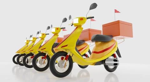 Yellow model Motorcycle with orange box and red frag for concept Food Deliv.. Illustrazione stock