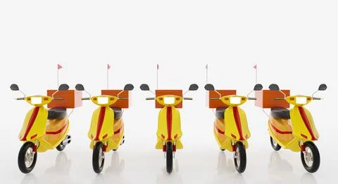 Yellow model Motorcycle with orange box and red frag for concept Food Deliv.. Illustrazione stock