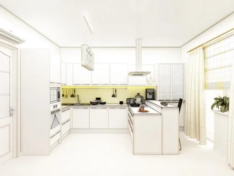 Yellow modern kitchen interior 3d concept Stock Illustration
