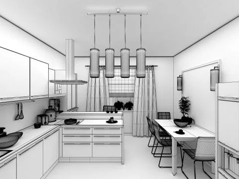 Yellow modern kitchen interior 3d concept Stock Illustration
