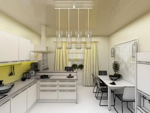 Yellow modern kitchen interior 3d concept Stock Illustration