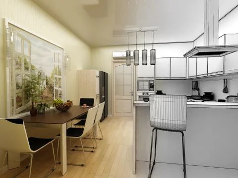 Yellow modern kitchen interior 3d concept Stock Illustration
