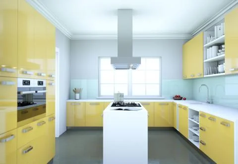 Yellow modern kitchen interior design illustration Stock Illustration