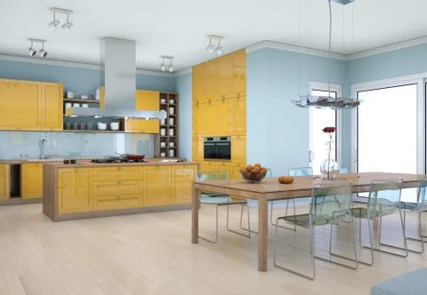 Yellow modern kitchen interior design illustration Stock Illustration