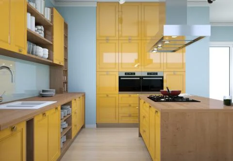 Yellow modern kitchen interior design illustration Stock Illustration