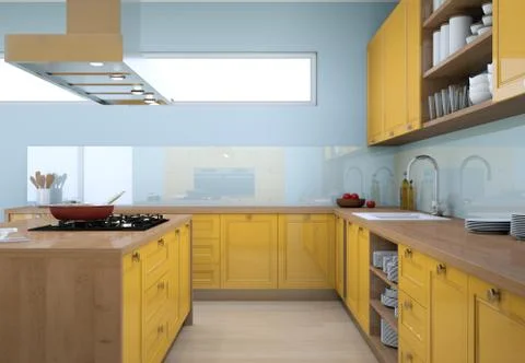 Yellow modern kitchen interior design illustration Stock Illustration