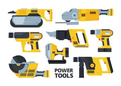 Yellow modern power tools flat illustrations set Stock Illustration