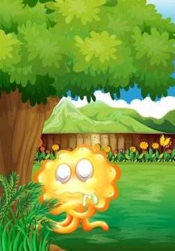 A yellow monster under the tree in the gated yard Stock Illustration